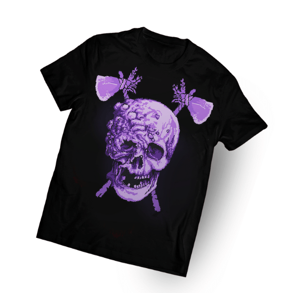Czarny t-shirt z nadrukiem pixel artowej czaszki M.E.A.T. RPG